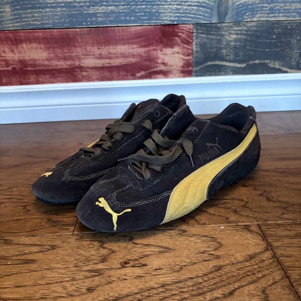 Puma Speed Cat Vintage Brown Yellow Suede Racing Sneakers Mens US 9